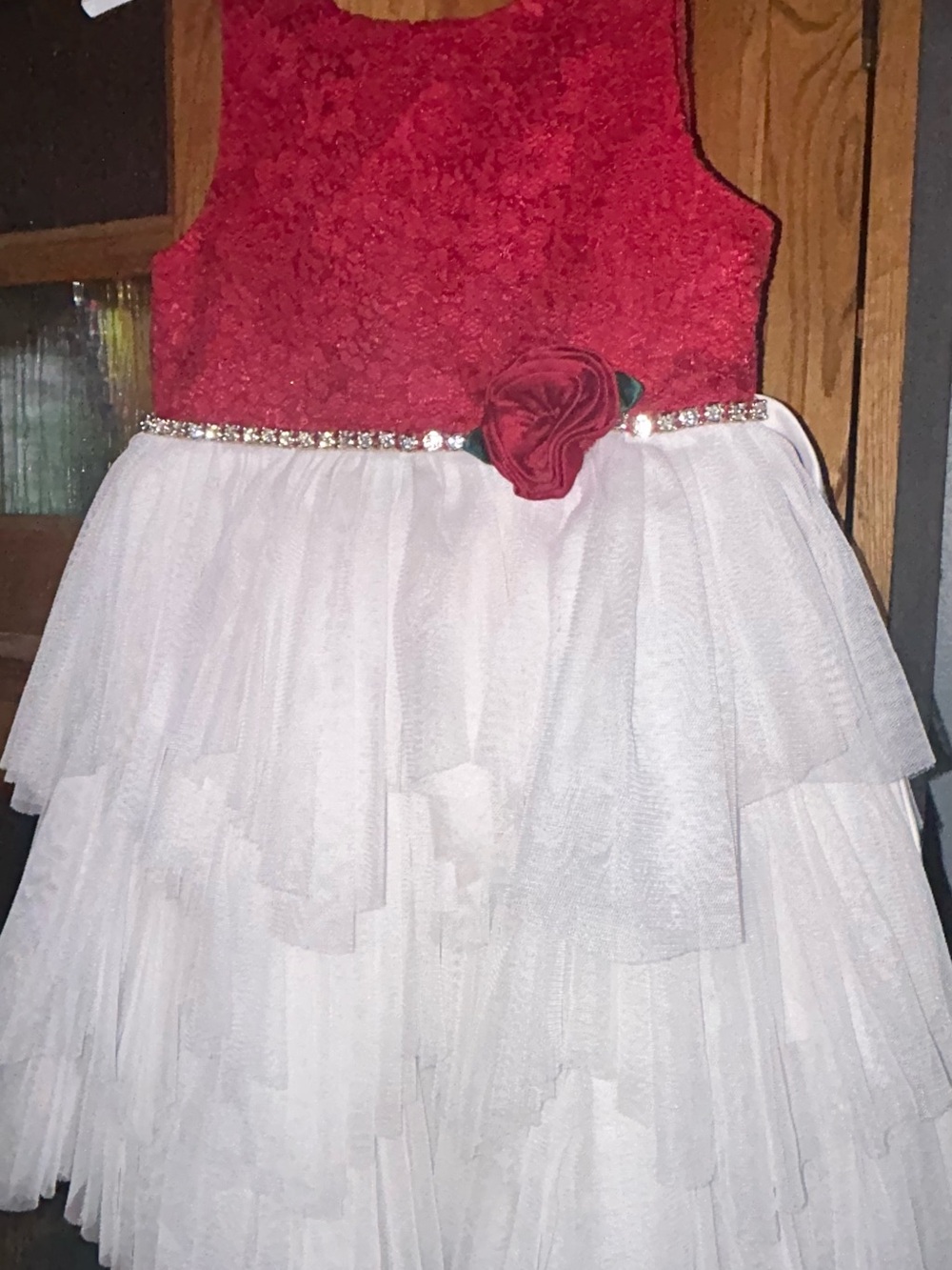 Sleeveless Red & White Flower-Accent Tulle Dress for Girls